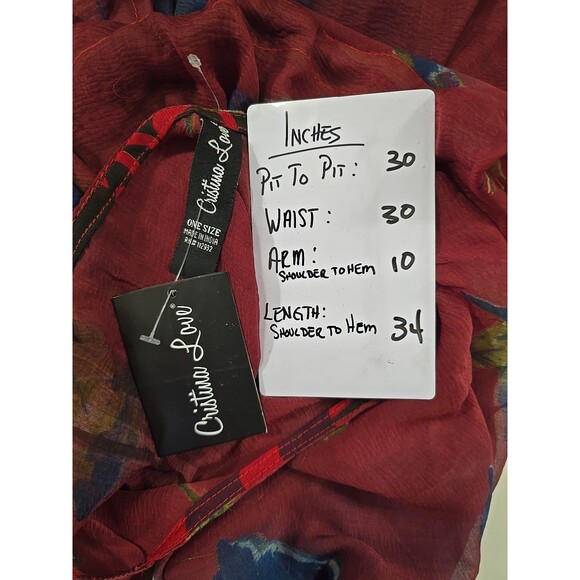 Red Multicolor Tassel Tie Sheer Blouse Top OS Boho Floral Oversized Fairy Grunge - Picture 6 of 7